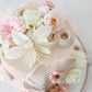 Close-up top view of soft pastel sugar flowers on buttercream cake